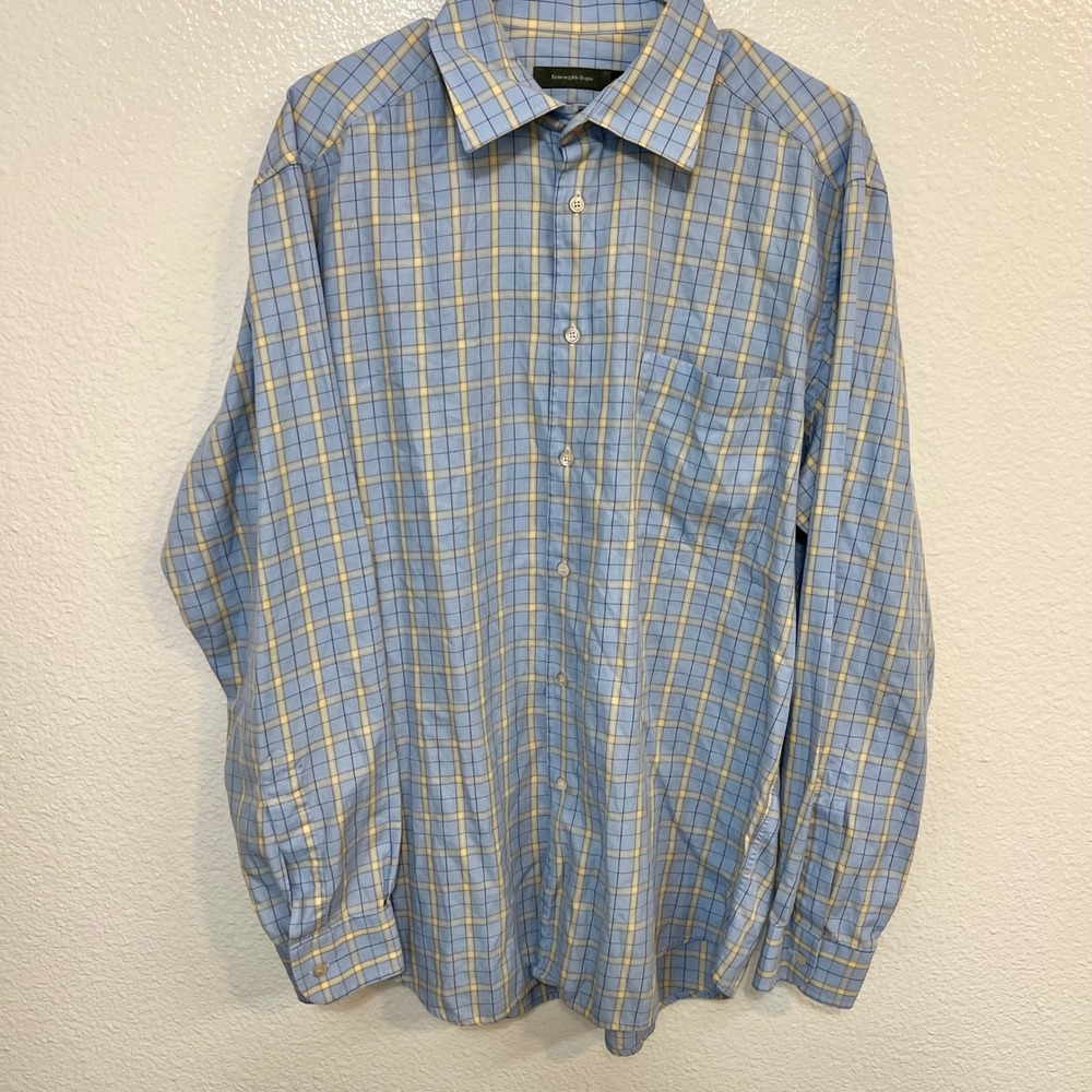 Ermenegildo Zegna Mens XL Dress Shirt Baby Blue Yellow Plaid Long Sleeve 0483